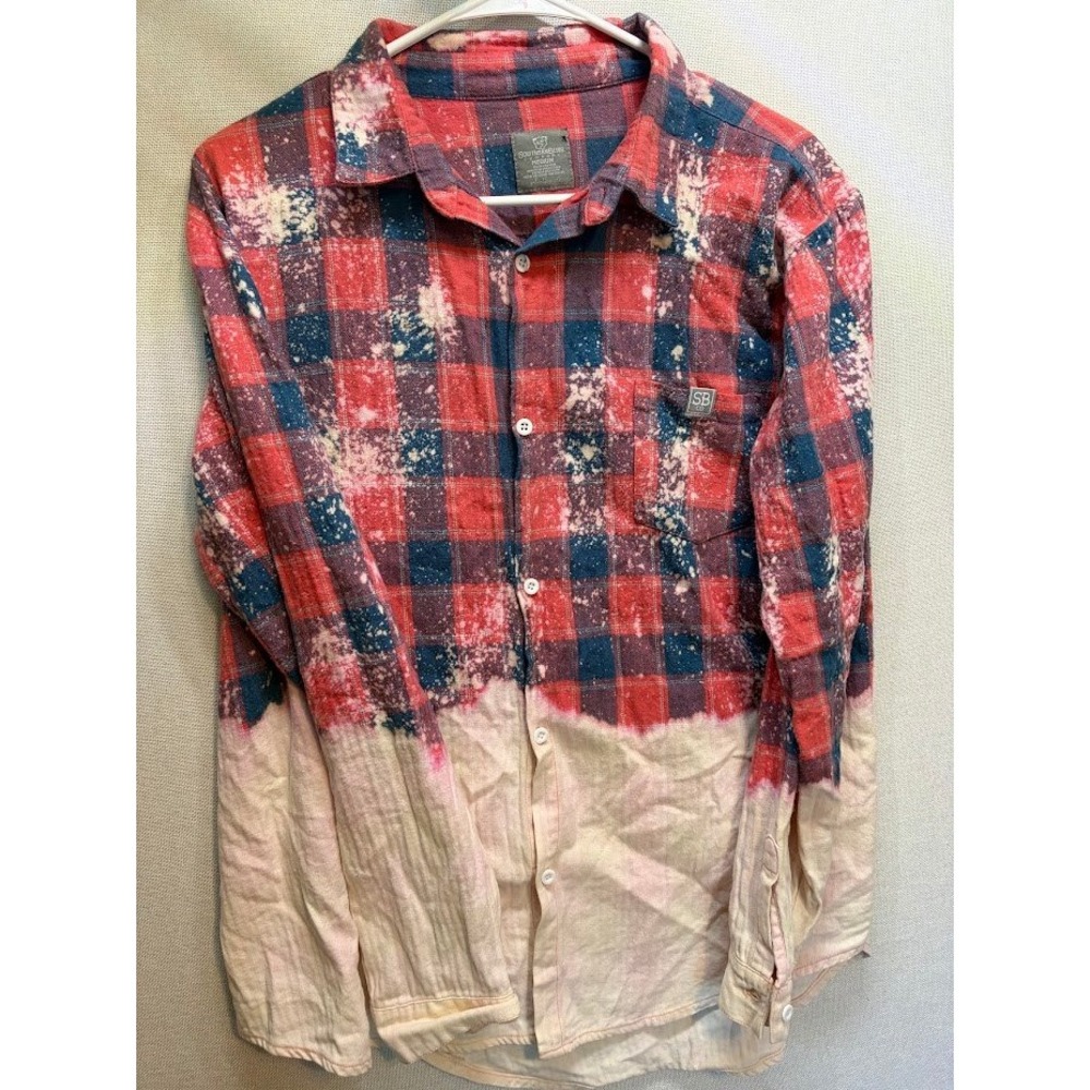Southern Bliss Co Bleached Flannel Shirt Red Navy‎ Plaid Dip Dye Cotton Mens M